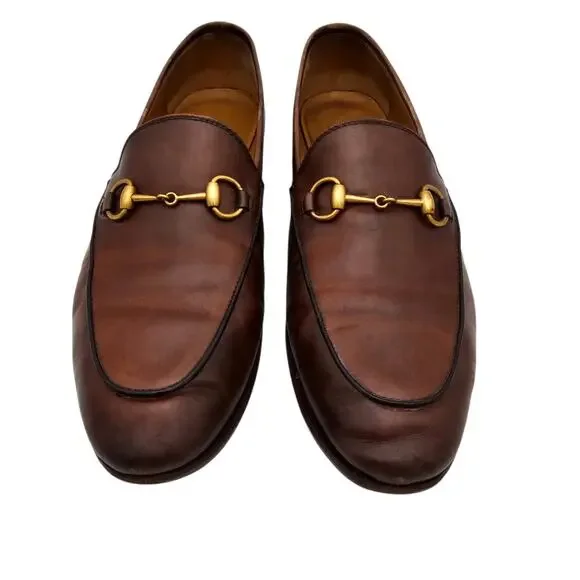Gucci Jordaan Horsebit Flat Loafer Brown Leather Gold Slip On Size 38 US 8 - Picture 4 of 13